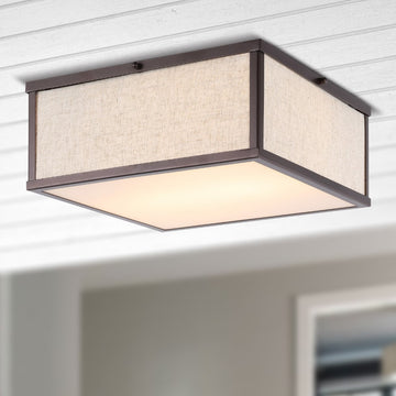 Grant 14.13" Minimalist Industrial Square Linen Iron LED Flush Mount - JONATHAN Y